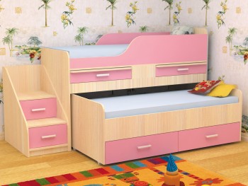 Кровать детская Лесики двухместная 1.8  Дуб молочный/Розовый в Ужуре - uzhur.mebel54.com | фото