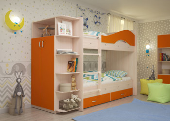 Кровать Мая двухъярусная с ящиками и шкафом Млечный дуб/Оранжевый в Ужуре - uzhur.mebel54.com | фото
