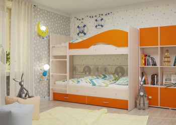 Кровать Мая двухъярусная с ящикамиМлечный дуб/Оранжевый в Ужуре - uzhur.mebel54.com | фото
