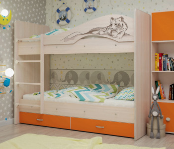 Кровать Мая-Сафари двухъярусная с ящикамиМлечный дуб/Оранжевый в Ужуре - uzhur.mebel54.com | фото