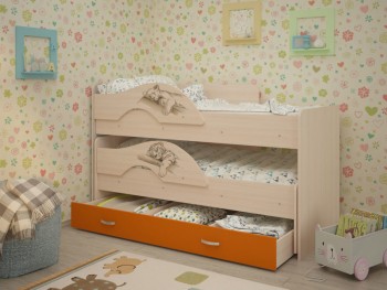 Кровать выкатная Радуга-Сафари детская 1600 Млечный дуб/Оранжевый в Ужуре - uzhur.mebel54.com | фото