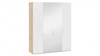 Шкаф комбинированный с 2 глухими и 2 зеркальными дверями «Эмбер» Яблоня Беллуно/Белый глянец в Ужуре - uzhur.mebel54.com | фото