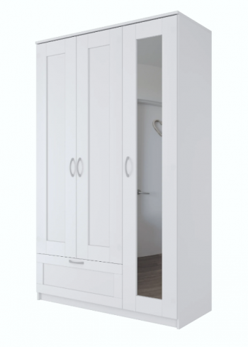 Шкаф трехдверный Сириус с зеркалом и 1 ящиком белый в Ужуре - uzhur.mebel54.com | фото
