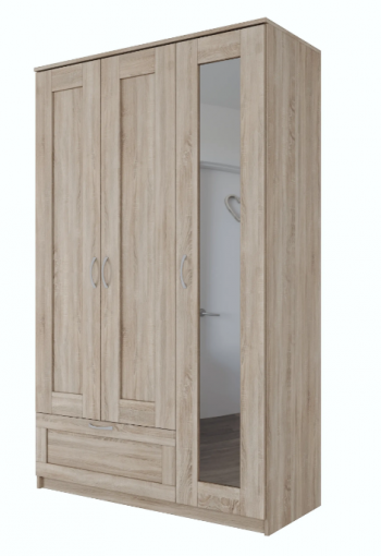 Шкаф трехдверный Сириус с зеркалом и 1 ящиком дуб сонома в Ужуре - uzhur.mebel54.com | фото