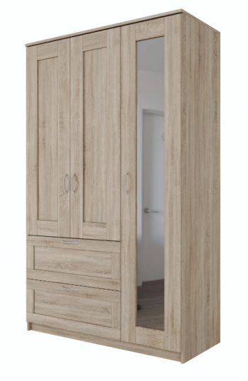 Шкаф трехдверный Сириус с зеркалом и 2 ящиками дуб сонома в Ужуре - uzhur.mebel54.com | фото